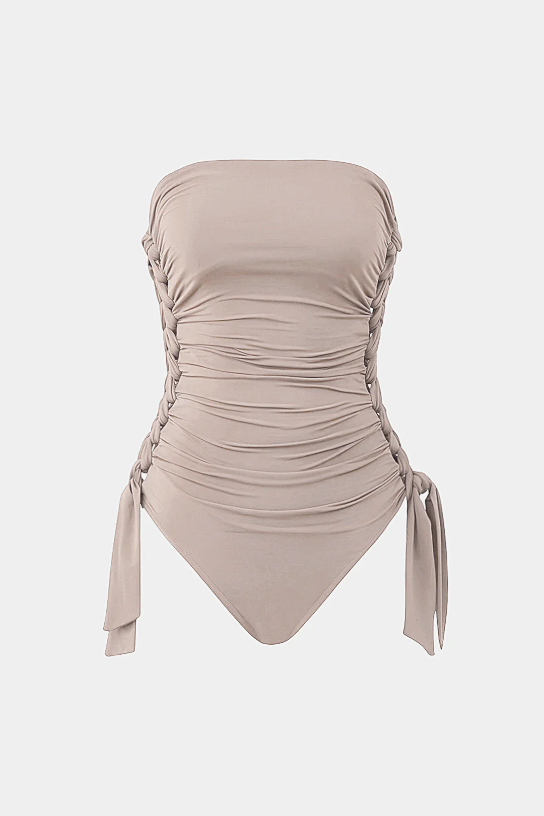 Knotted Ruched Strapless Sleeveless Bodysuit - Flockneti