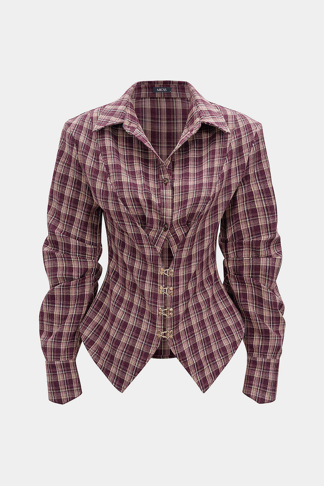 Plaid Print Ruched Waist-Cinching Long-Sleeve Shirt - Flockneti