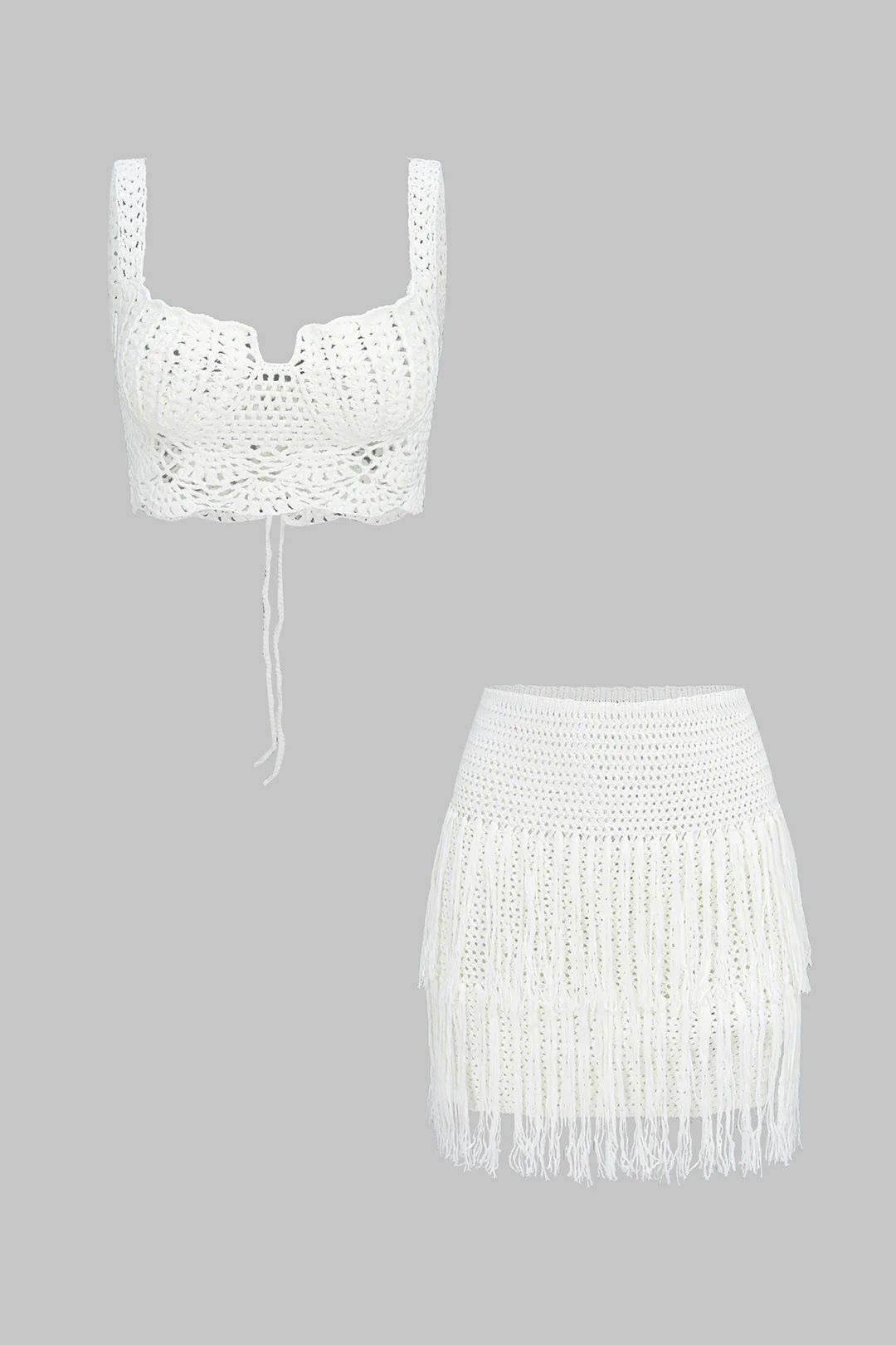 Knit Hollow Out Tie-Back Cami Top And Fringe Skirt Set - Flockneti