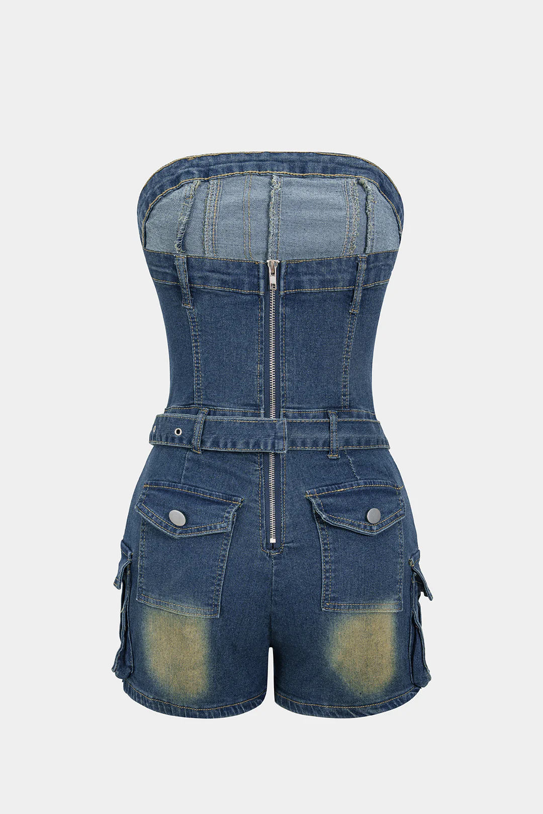 Denim Belted Backless Sleeveless Romper - Flockneti