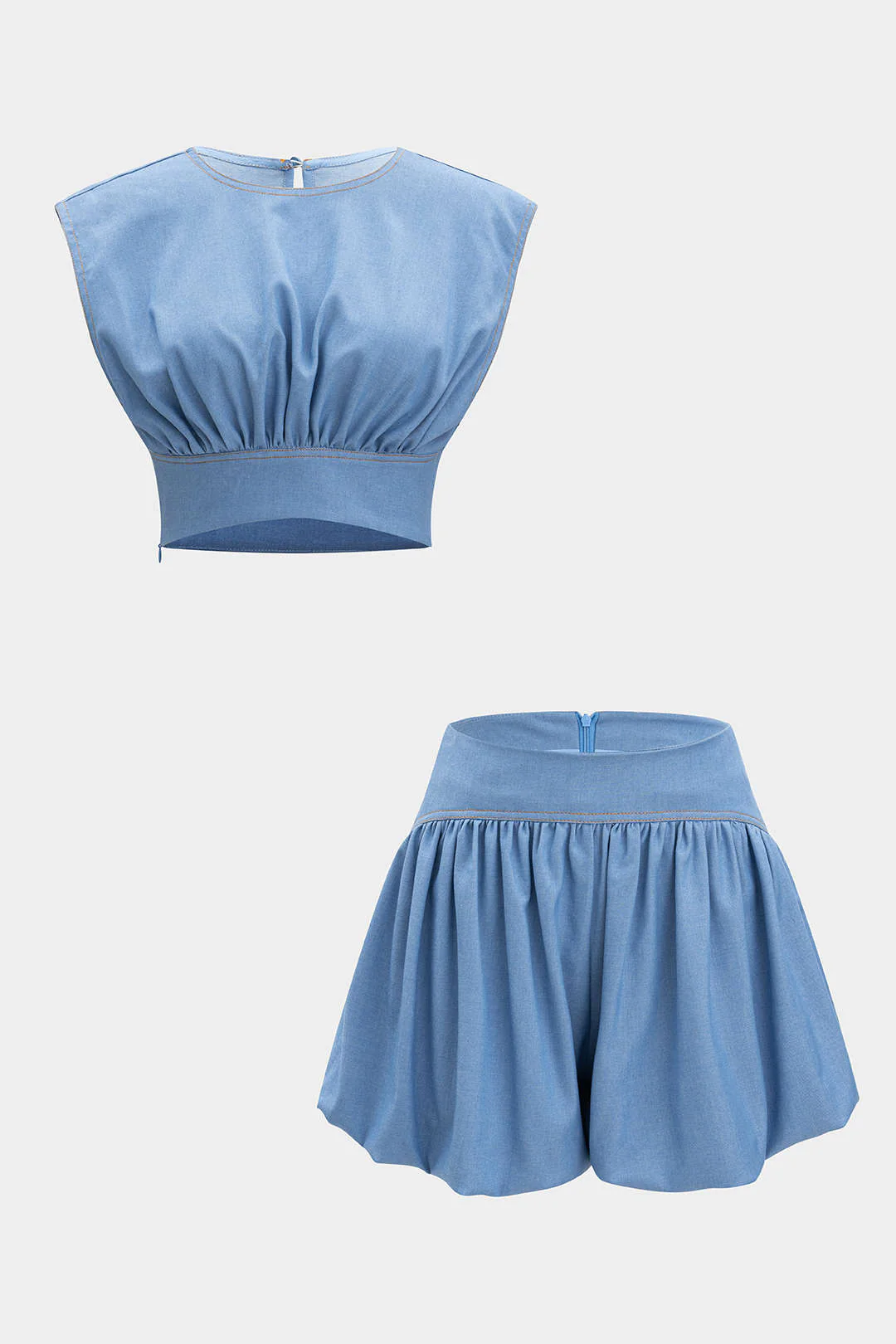 Denim Ruched Tank Top And Zipper Detail Shorts Set - Flockneti