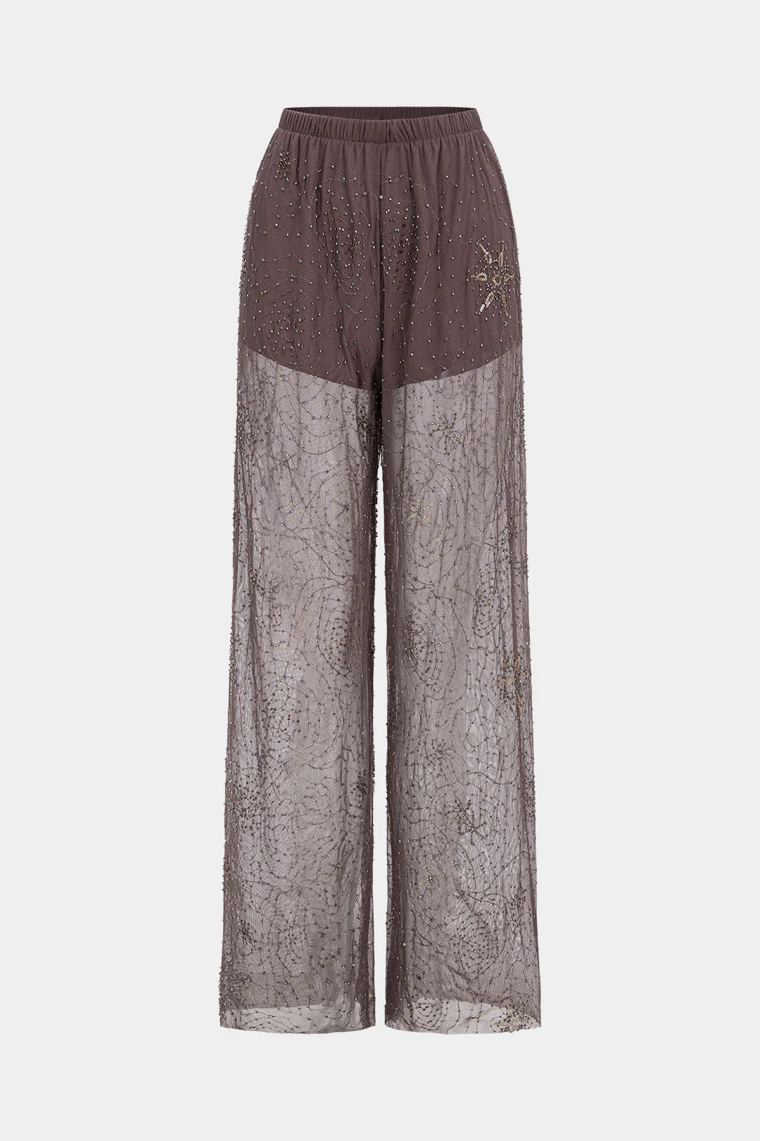 Mesh Beaded Shirred Waistband Pants - Flockneti