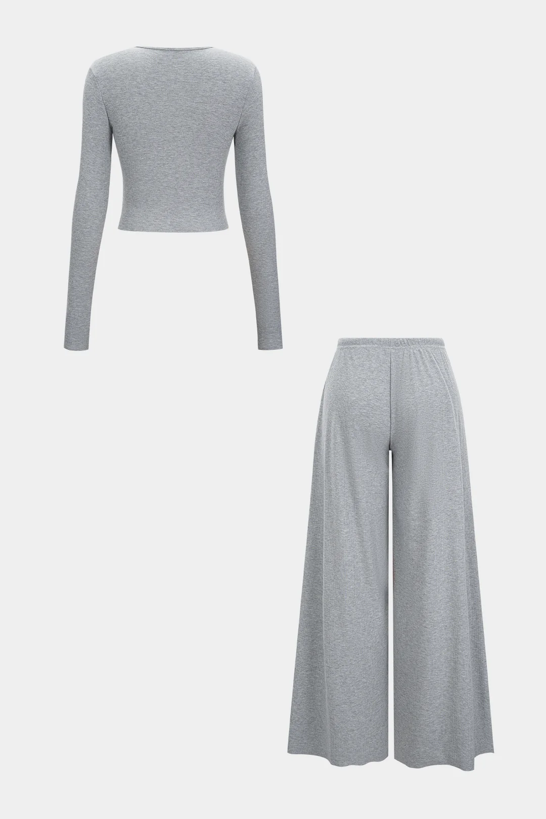 Solid Button Long-Sleeve Top And Drawstring Wide-Leg Pants Set - Flockneti