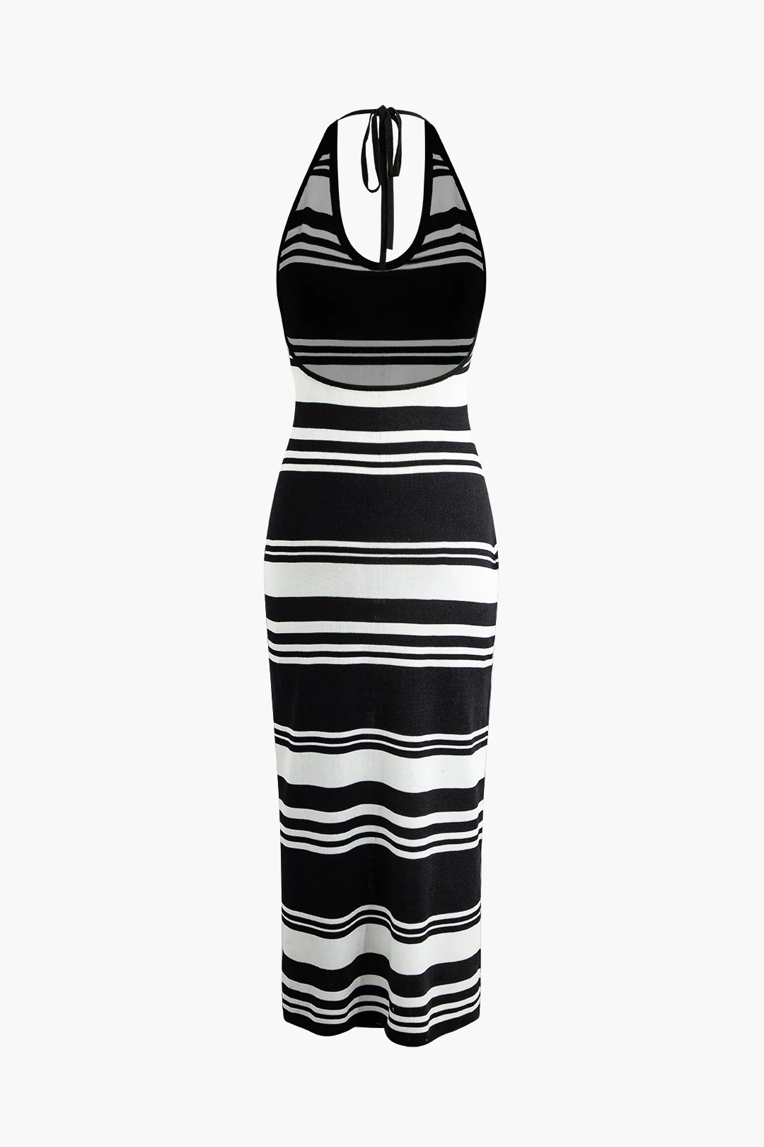 Knit Stripes Print Contrast Halter Neck Tie Up Backless Sleeveless Dress - Flockneti