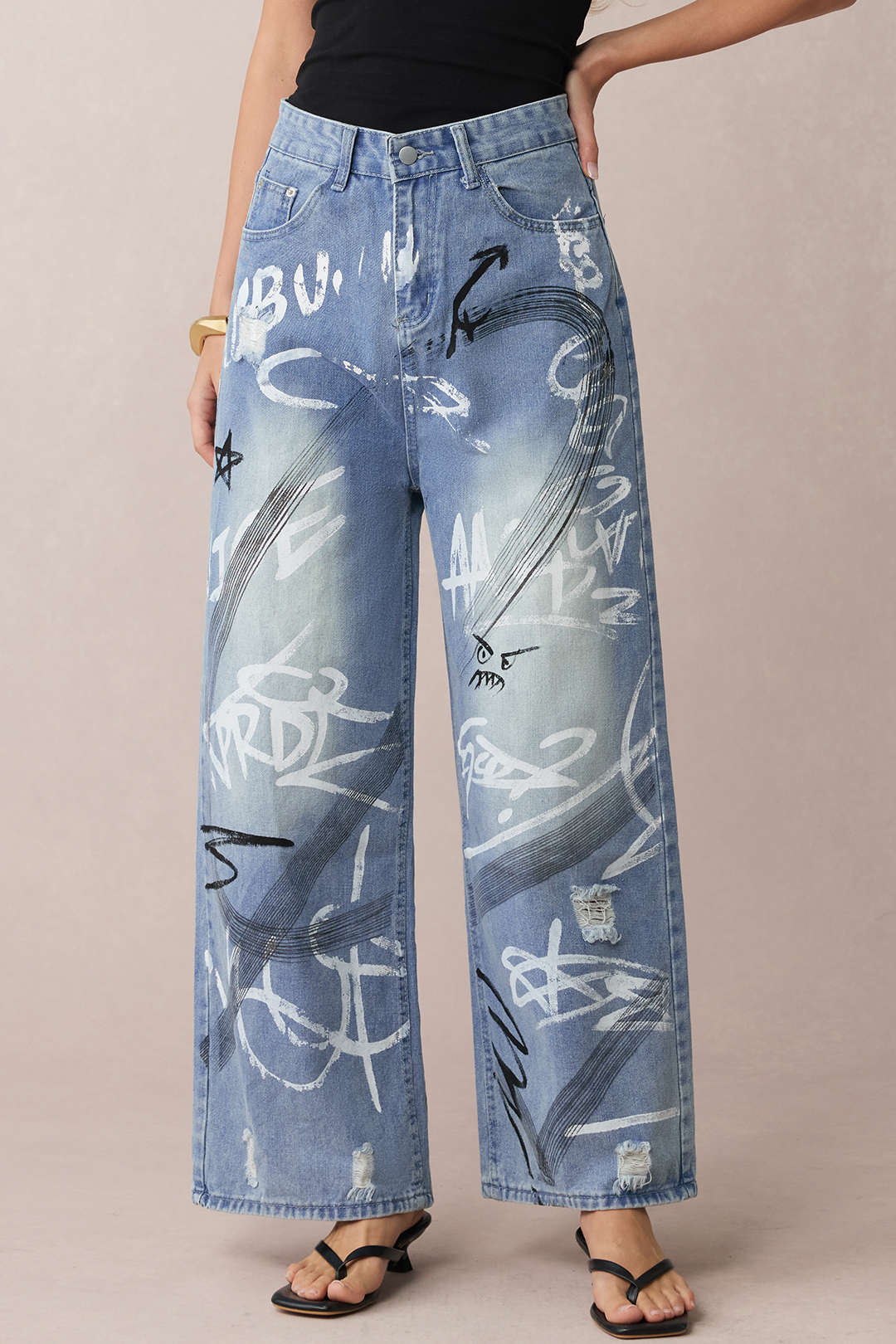 Denim Graffiti Print Zipper Straight Leg Jeans - Flockneti