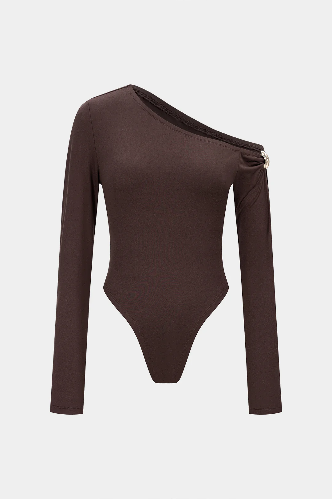 Solid Metallic Decor One Shoulder Long Sleeve Bodysuit - Flockneti