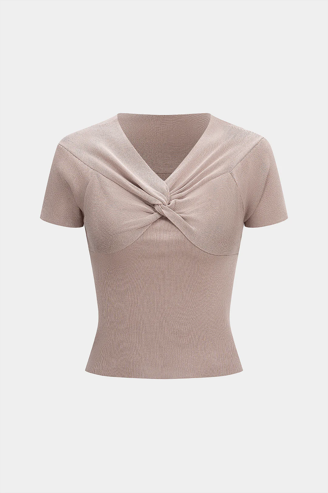 Knit V-Neck Twist Knot Ruched Short-Sleeve Top - Flockneti