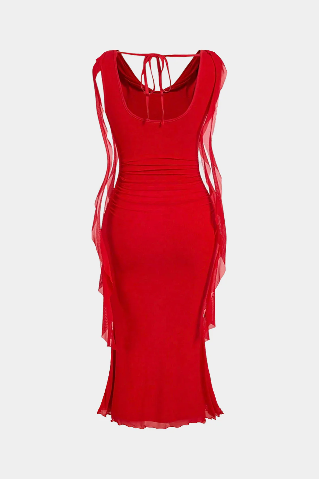 Plus Size Mesh Draped Cowl Neck Tie-Back Sleeveless Maxi Dress - Flockneti