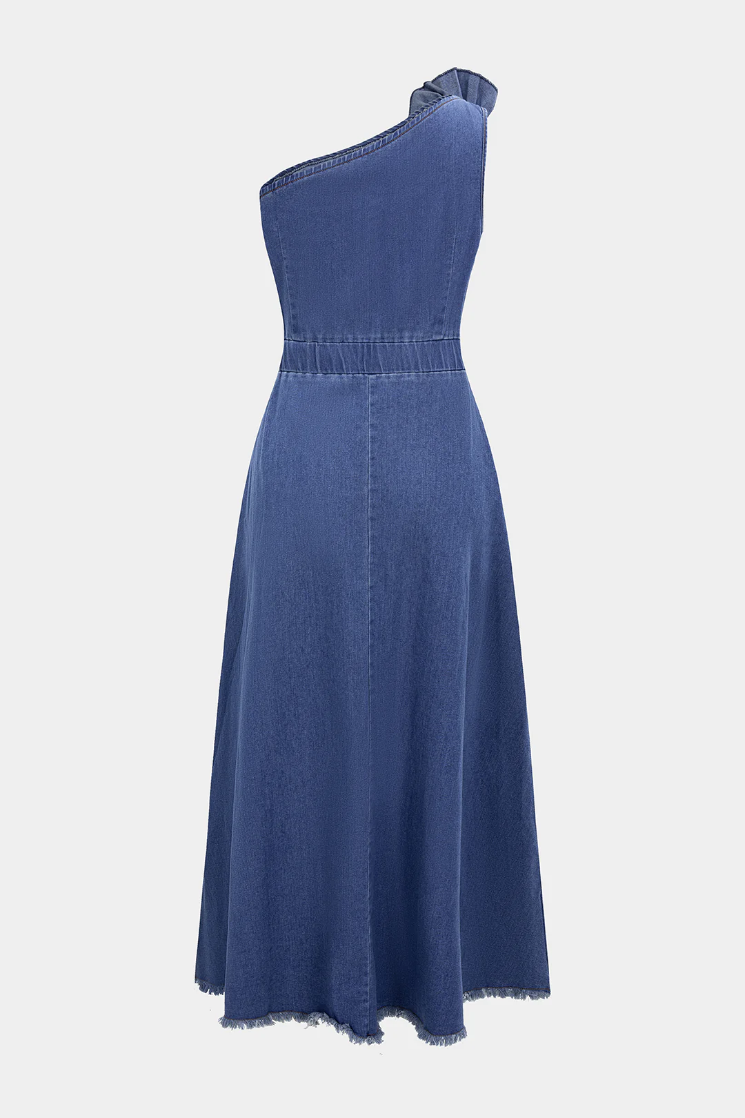 Denim 3D Floral One Shoulder Asymmetrical Sleeveless Dress - Flockneti