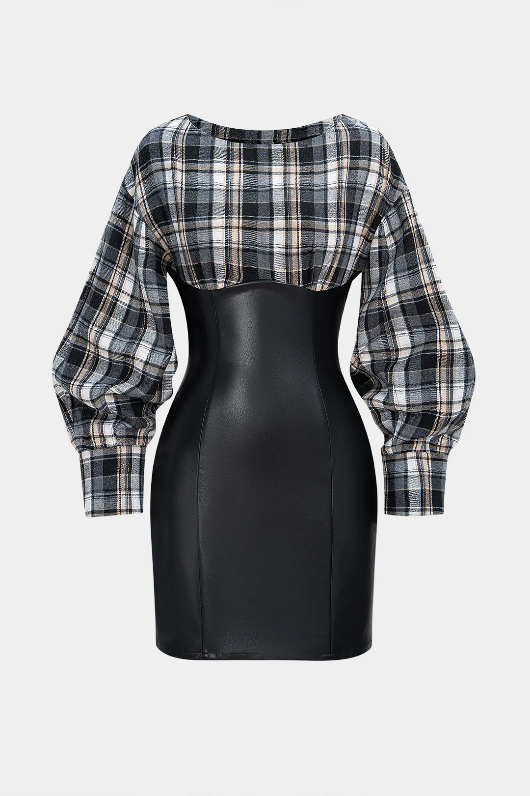 Plaid Print Faux Leather Patchwork Long Sleeve Mini Dress - Flockneti