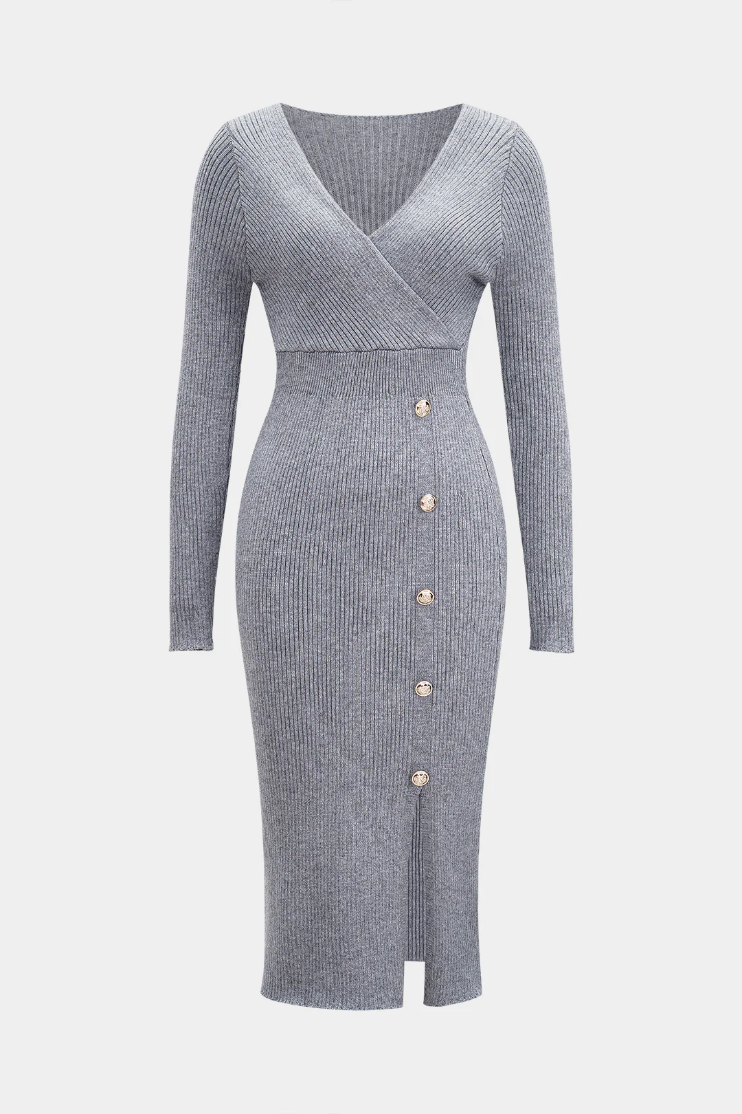 Knit Solid Button Waist Cinched Long Sleeve Dress - Flockneti