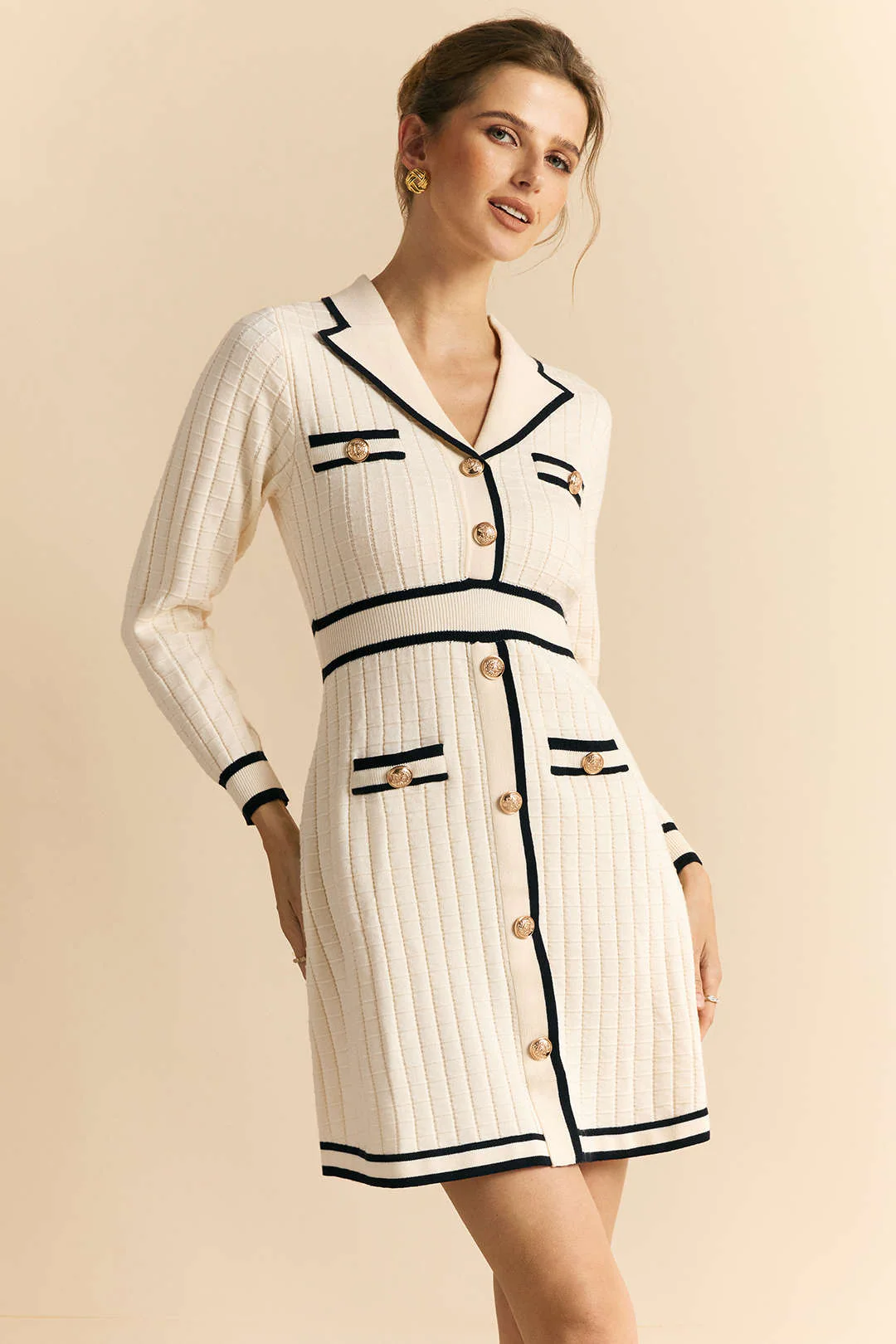 Knit Contrast Metallic Button Long Sleeve Dress - Flockneti