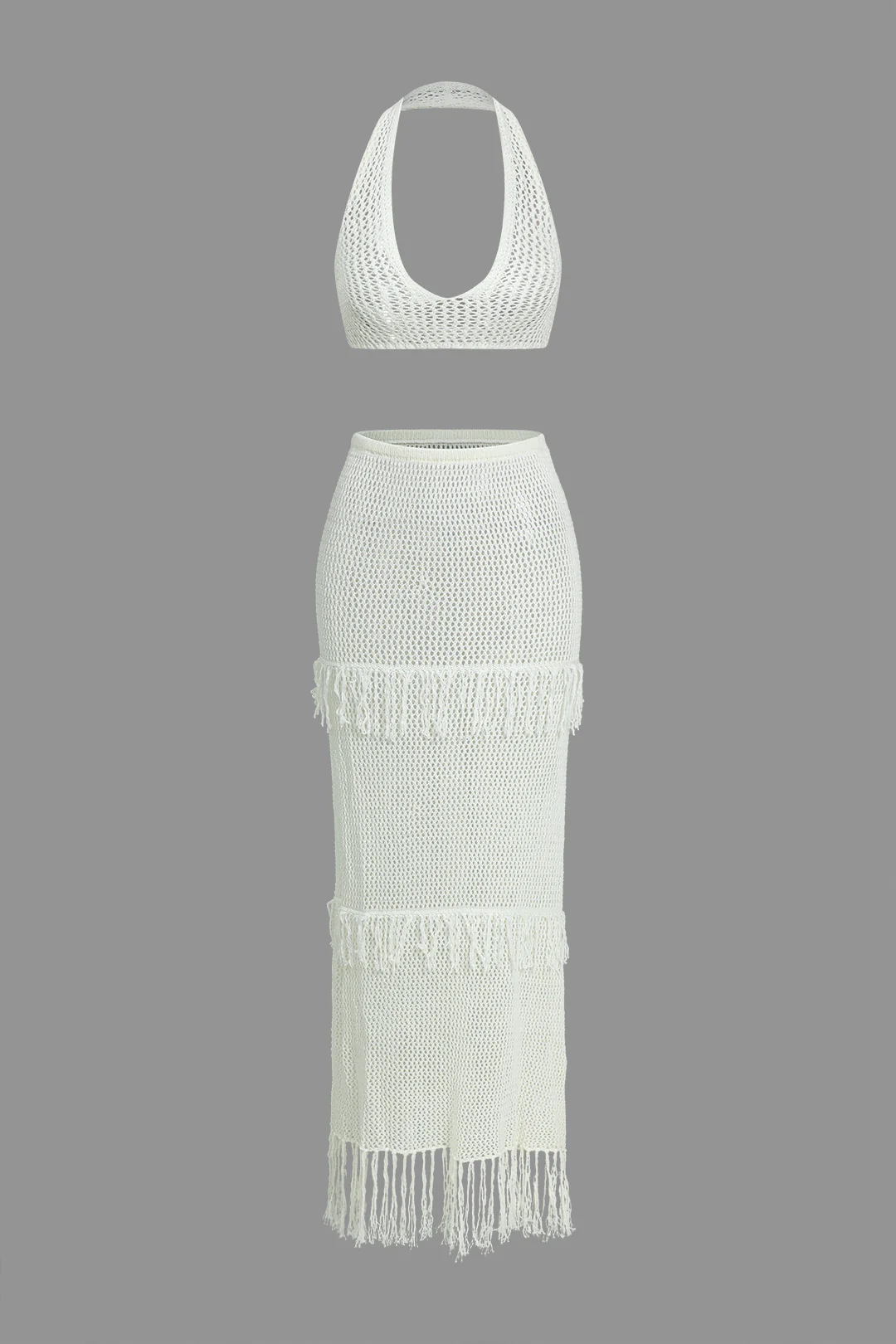 Knit Halter Neck Cut Out Cami Top And Fringe Skirt Set - Flockneti