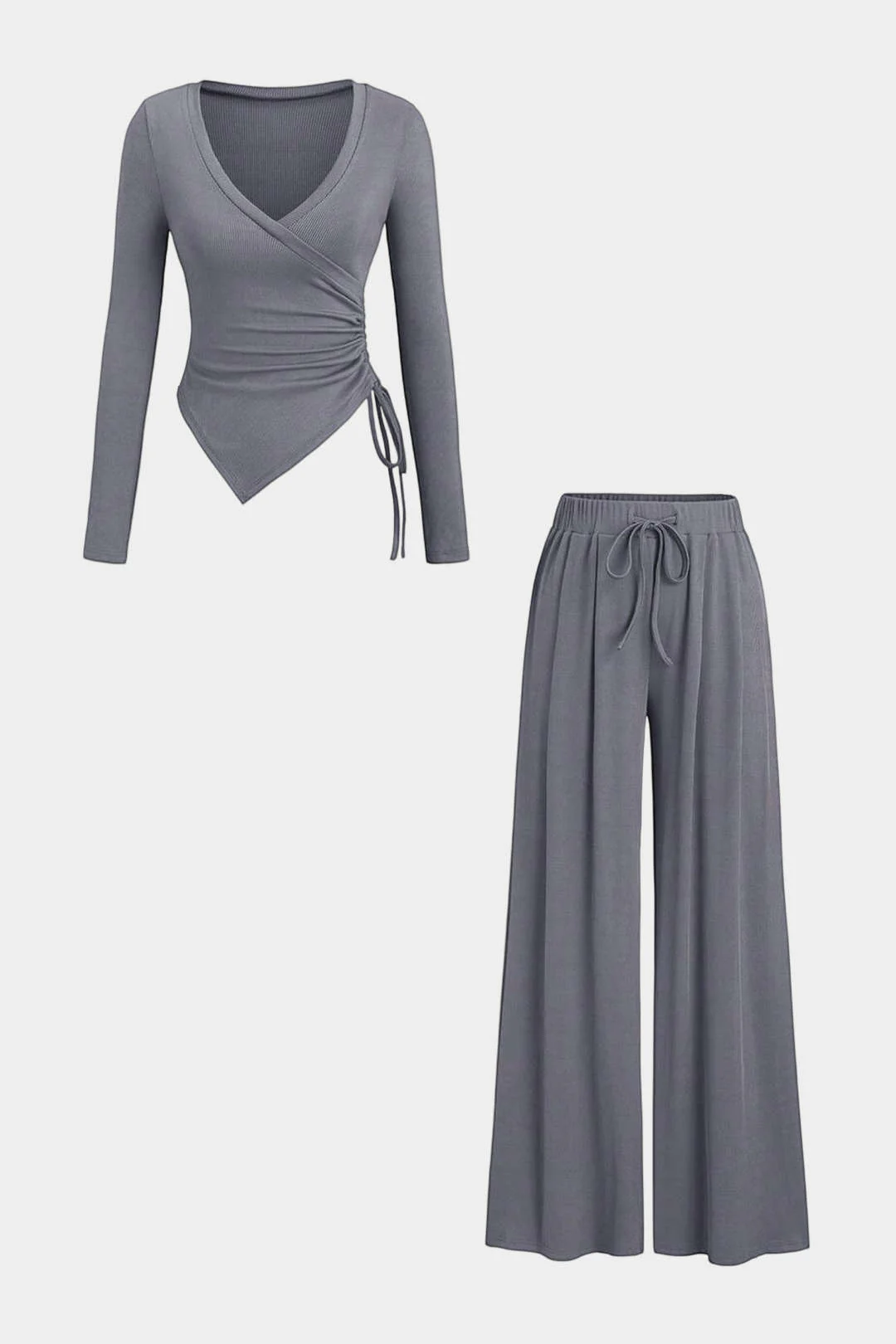 Drawstring V-Neck Ruched Long-Sleeve Top And Wide Leg Pants Set - Flockneti