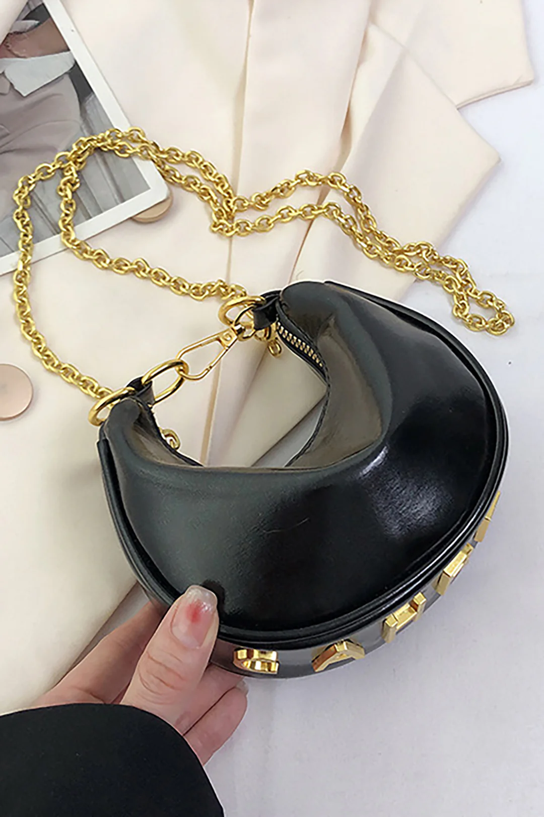 Faux Leather Chain Zipper Tote Bag - Flockneti