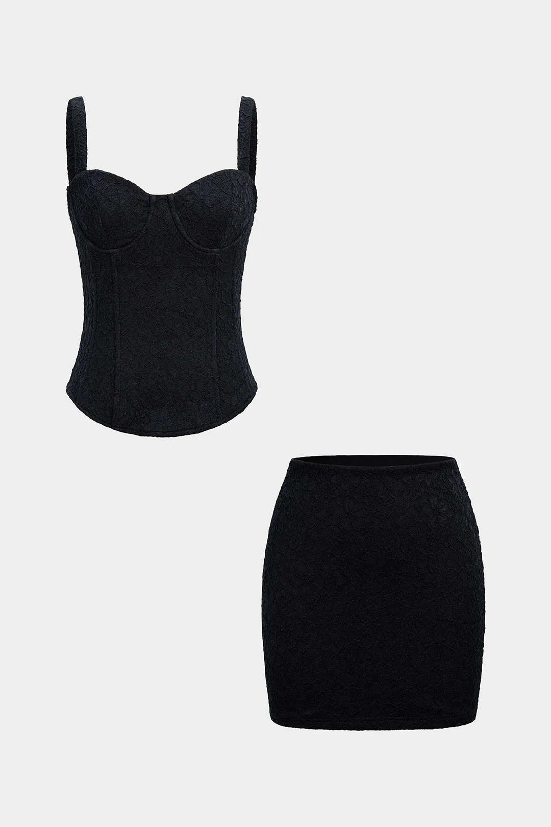 Lace Corset Waist Cami Top And Mini Skirt Set - Flockneti