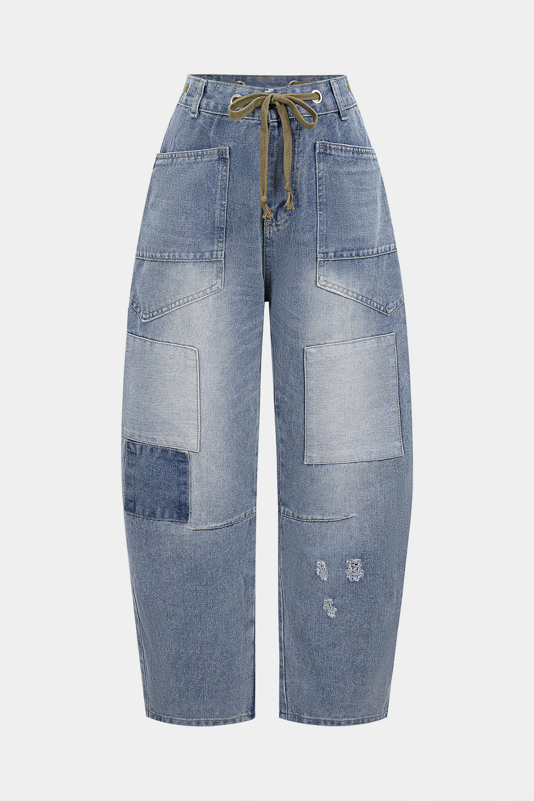 Denim Contrast Drawstring Wide Leg Jeans - Flockneti