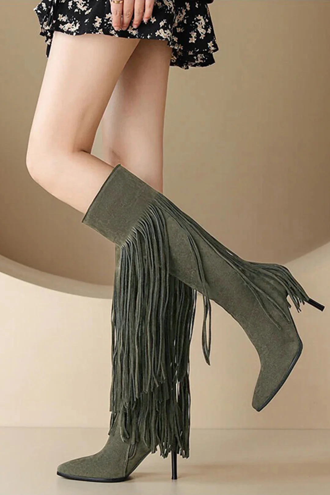 Faux Suede Fringe Pointed Mid Calf Boots - Flockneti
