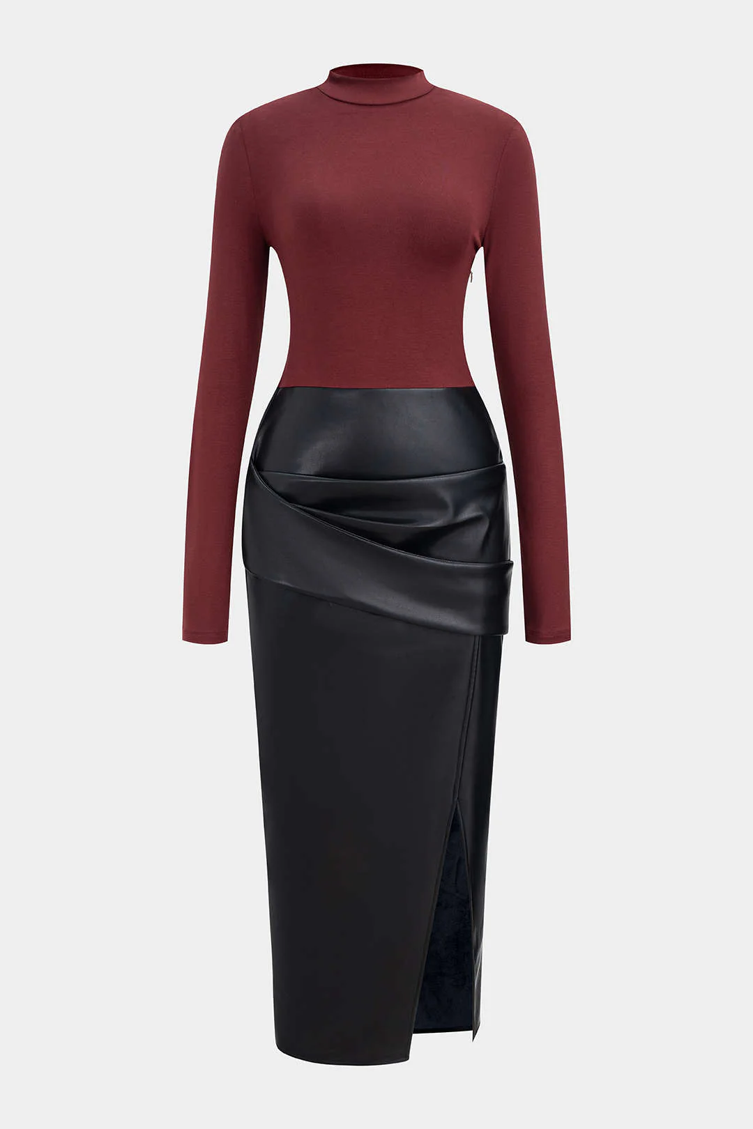 Faux Leather Patchwork Mock Neck Ruched Long Sleeve Midi Dress - Flockneti