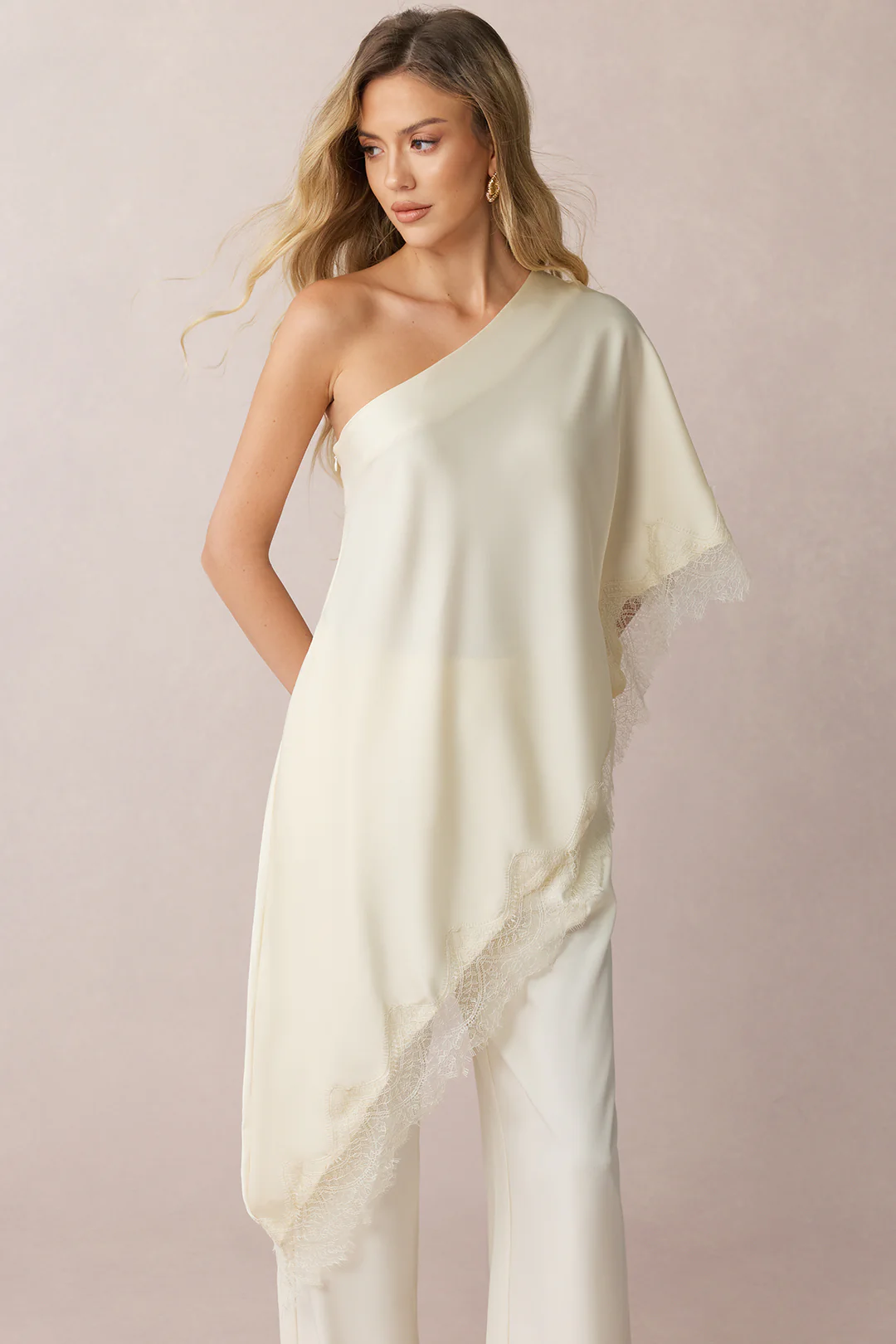 Satin Lace Trim One Shoulder Asymmetrical Short Sleeve Sweatshirt - Flockneti