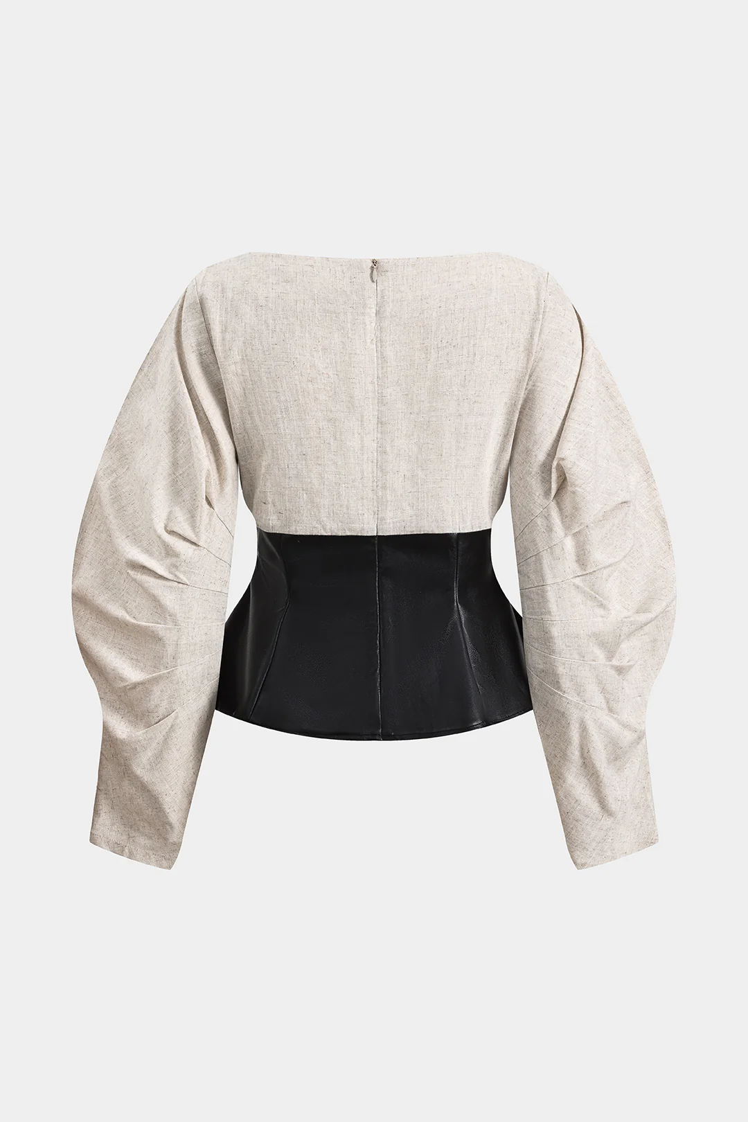 Linen Faux Leather Patchwork Long-Sleeve Shirt - Flockneti