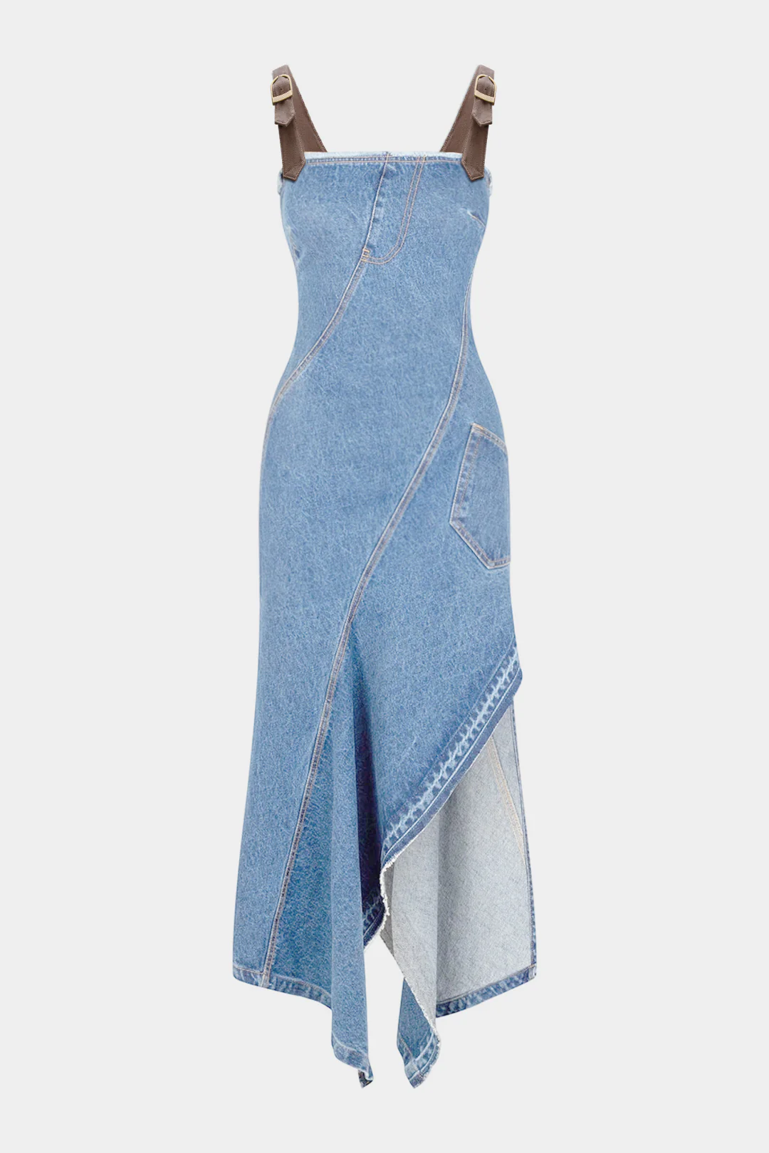 Denim Asymmetrical Frayed Sleeveless Dress - Flockneti