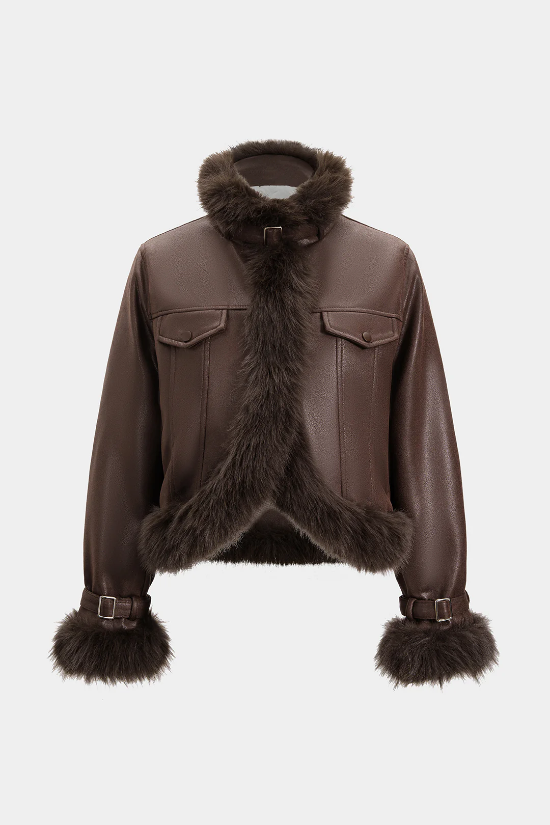 Faux Leather Fur Patchwork Stand Collar Jacket - Flockneti
