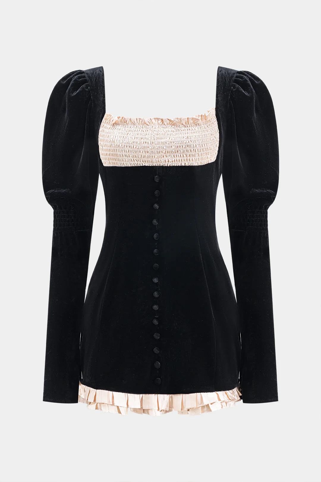 Velvet Patchwork Button Zipper Long Sleeve Mini Dress - Flockneti