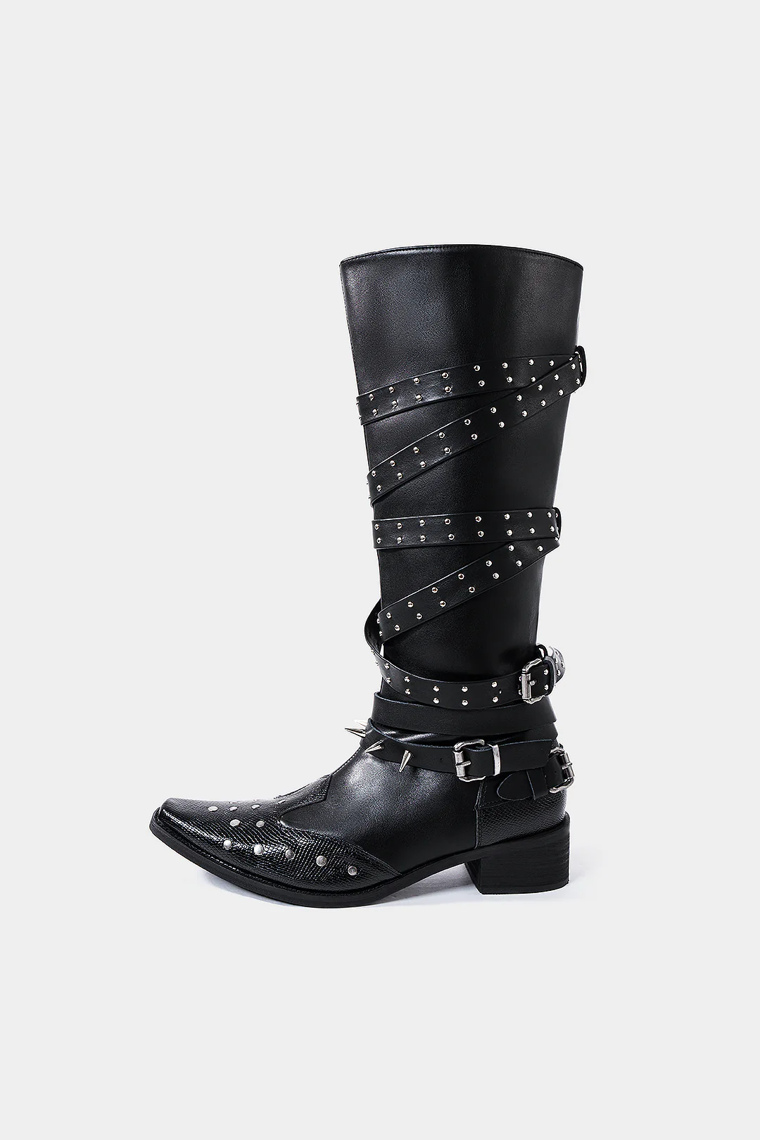 Leather Studded Pointed Toe Knee High Boots - Flockneti