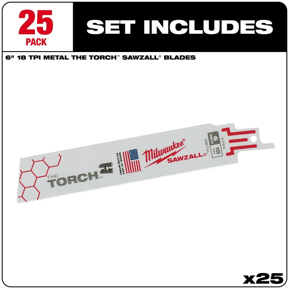 Milwaukee 6 in. 18 TPI THE TORCH SAWZALL Blade 25PK - Flockneti