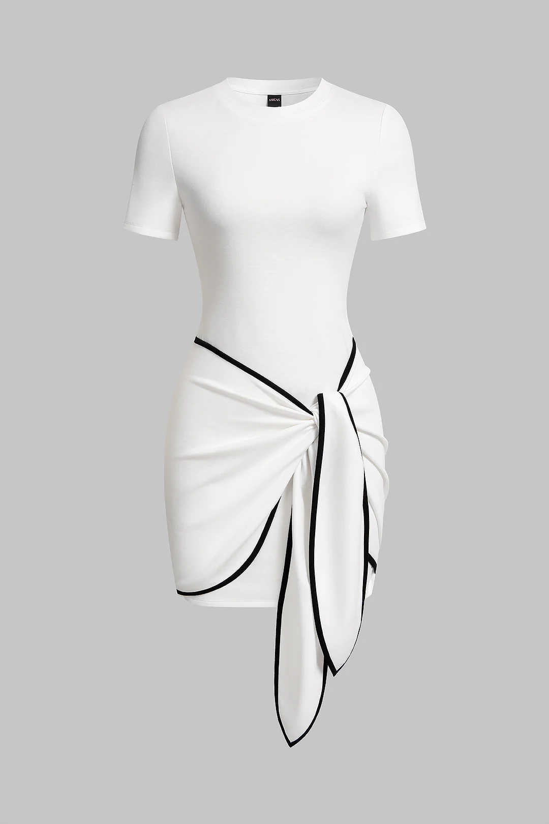 Contrast Binding Round Neck Tie-Up Short Sleeve Mini Dress - Flockneti