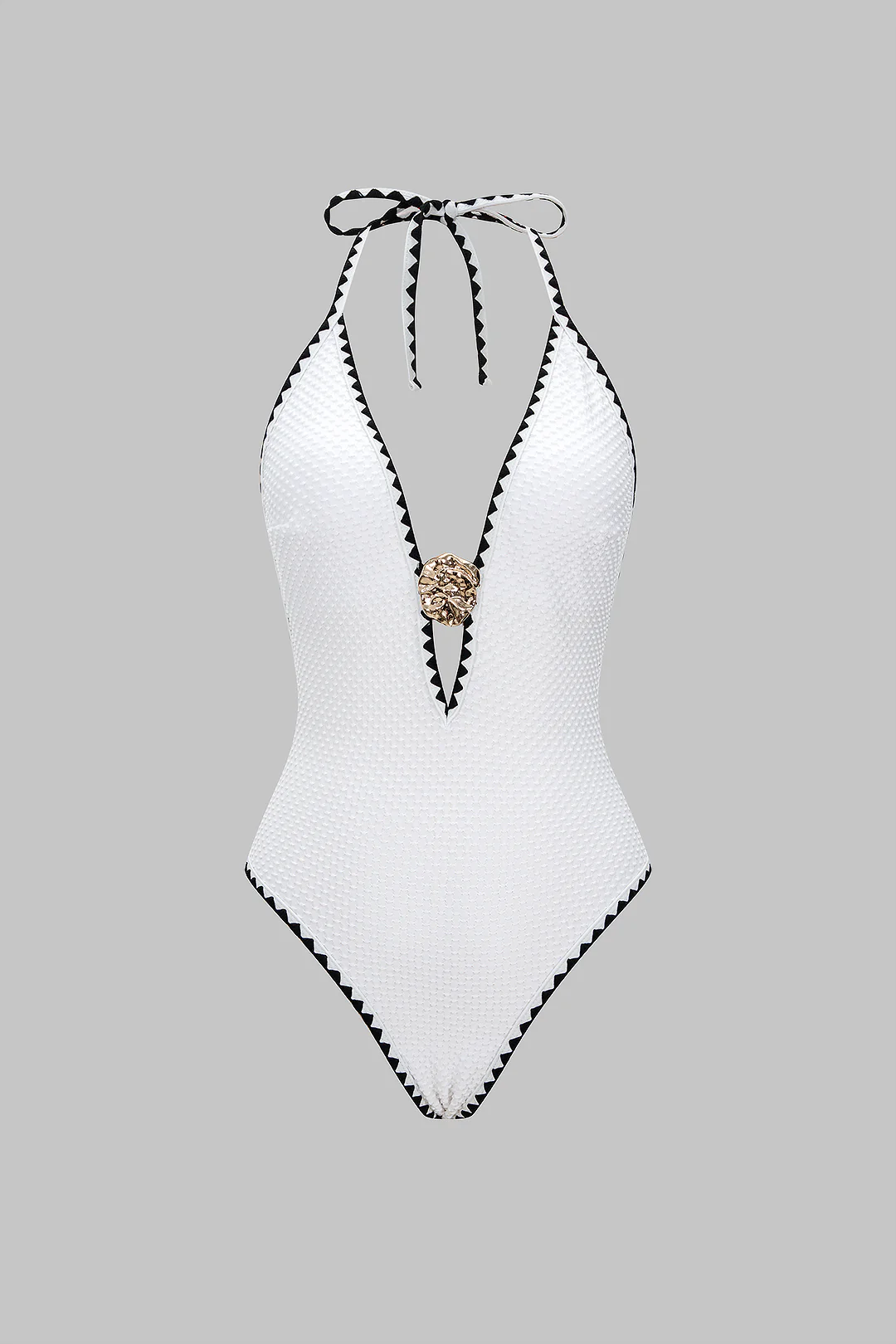 Metallic Decor Halter Neck Tie-Back One-Piece Swimsuit - Flockneti