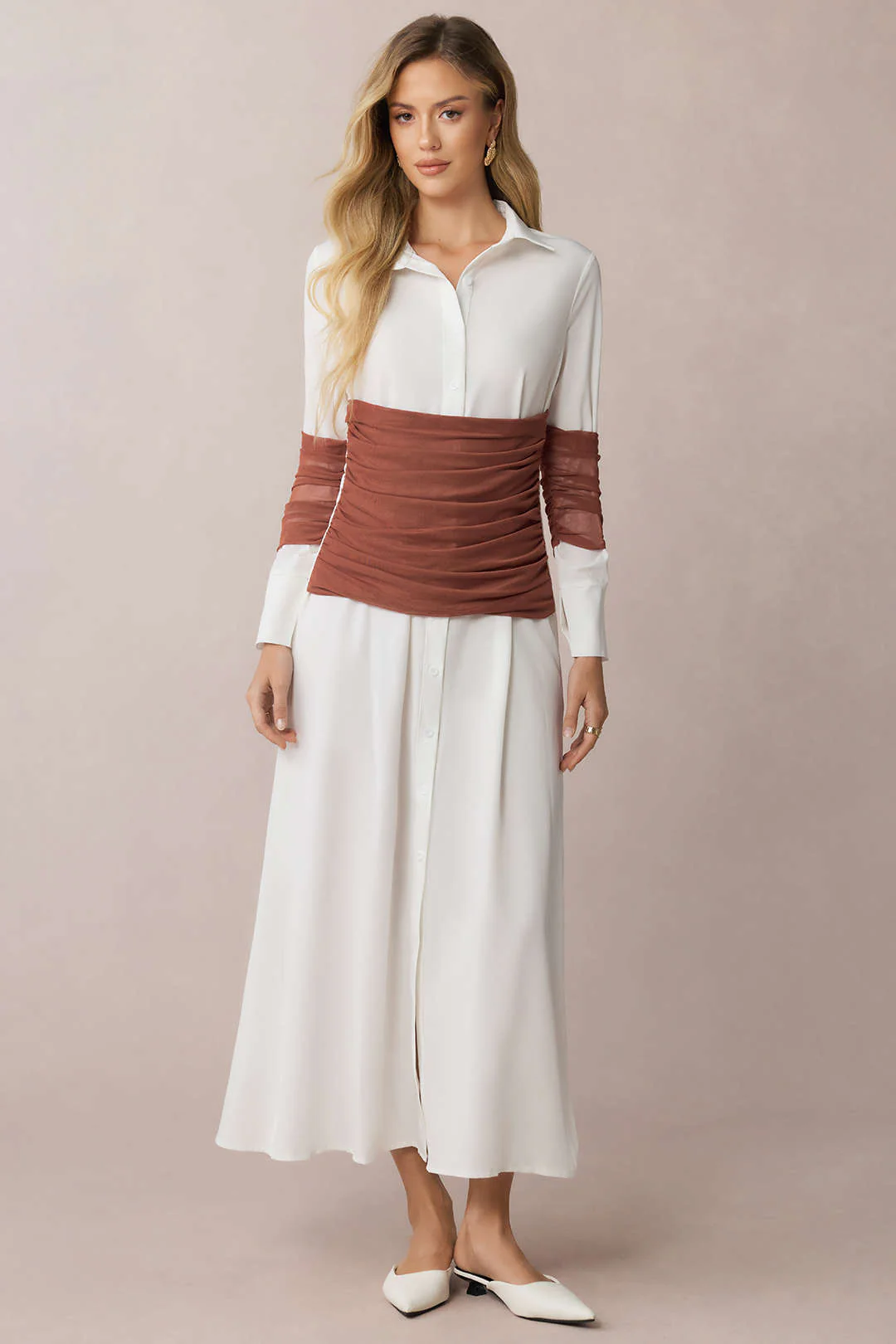Patchwork Mesh Ruched Lapel Long Sleeve Midi Dress - Flockneti