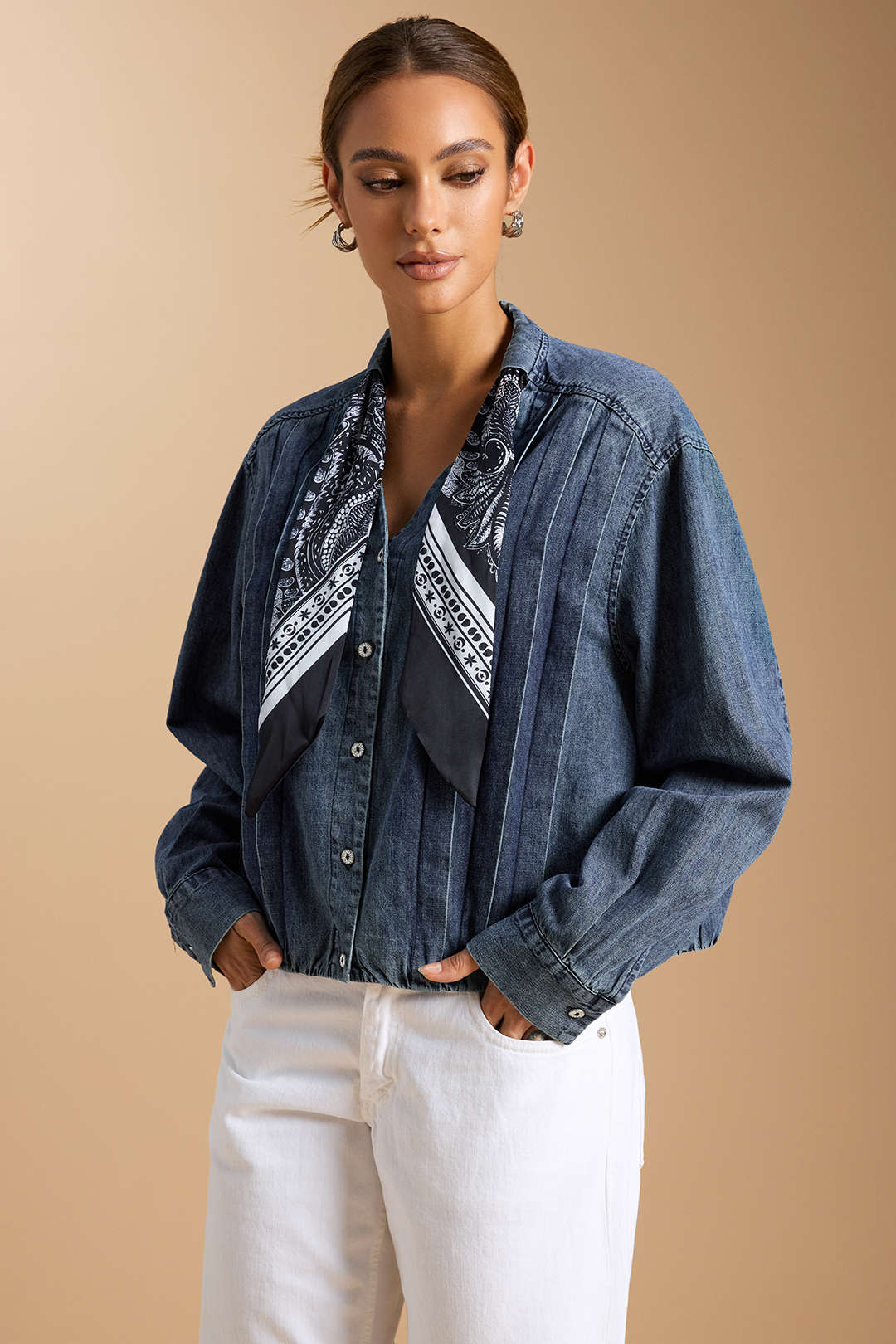 Denim Tie-Up Pleated Long Sleeve Shirt - Flockneti