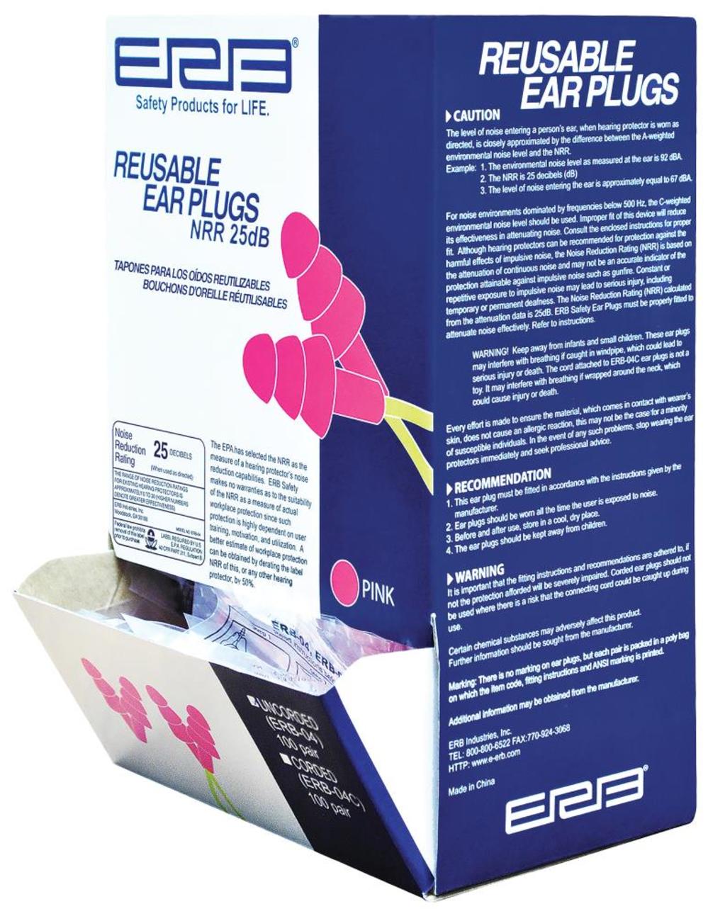 ERB Reusable Corded Earplugs in Hi Viz Pink 100 pair/box ERB-04C - Flockneti