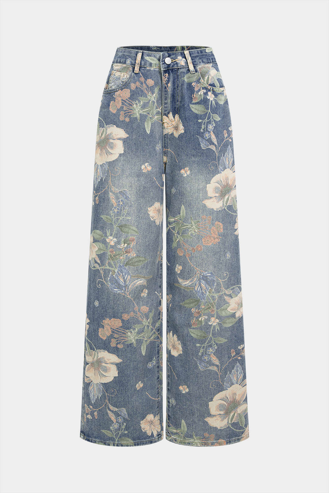 Denim Floral Print High Waist Straight Leg Jeans - Flockneti