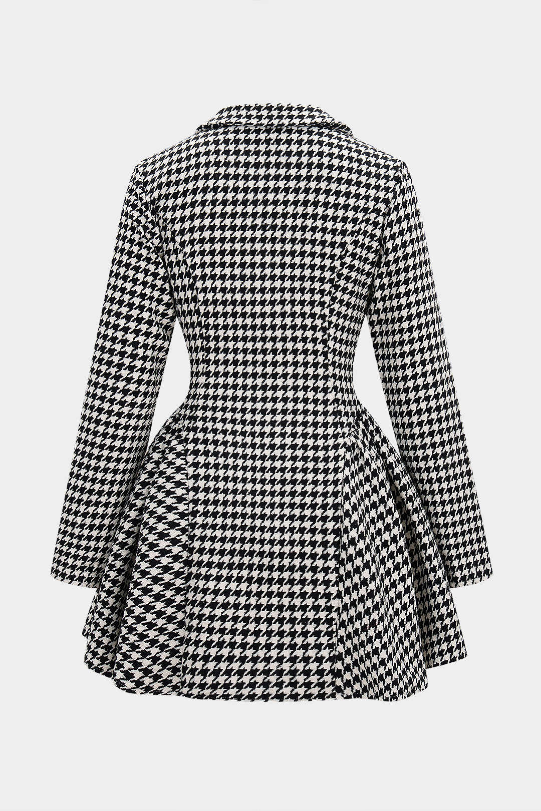 Houndstooth Print Button Ruched V-Neck Long Sleeve Mini Dress - Flockneti