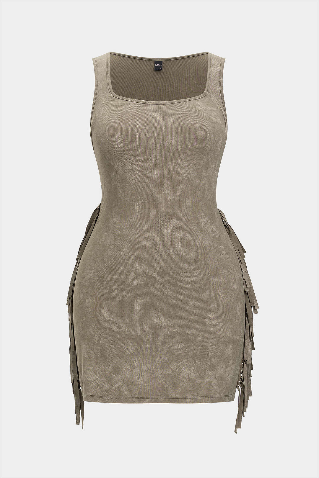 Plus Size Tie Dye Print Fringe Square Neck Sleeveless Mini Dress - Flockneti