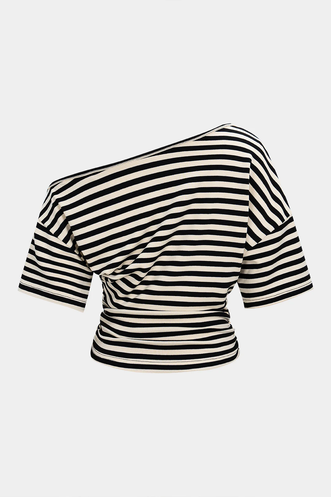 Stripes Print Waist-Cinching One Shoulder Long Sleeve T-Shirt - Flockneti