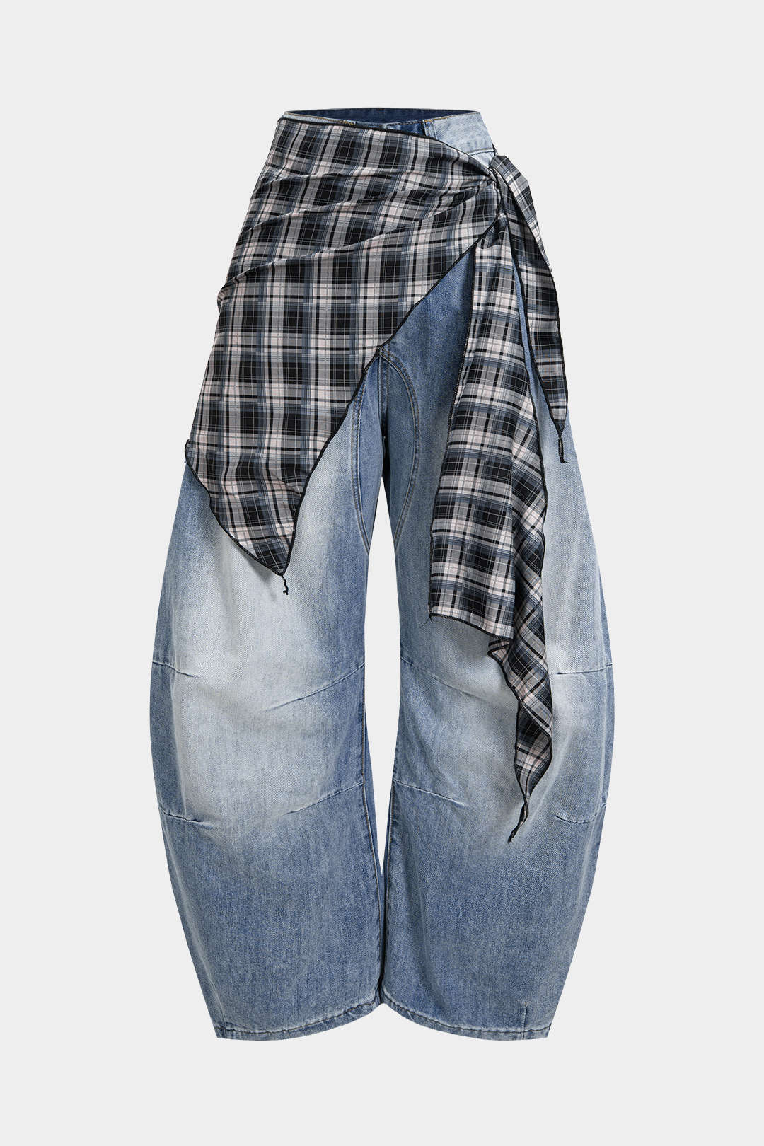 Denim Plaid Print Asymmetrical Tie-Up Wide Leg Jeans - Flockneti