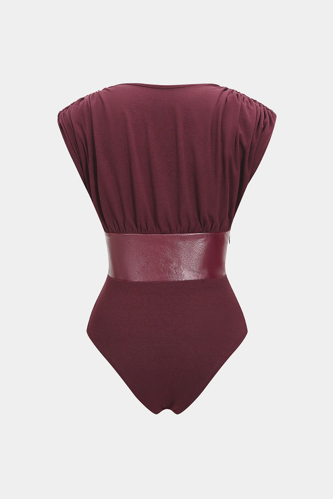 Faux Leather Patchwork V-Neck Hollow Out Sleeveless Bodysuit - Flockneti