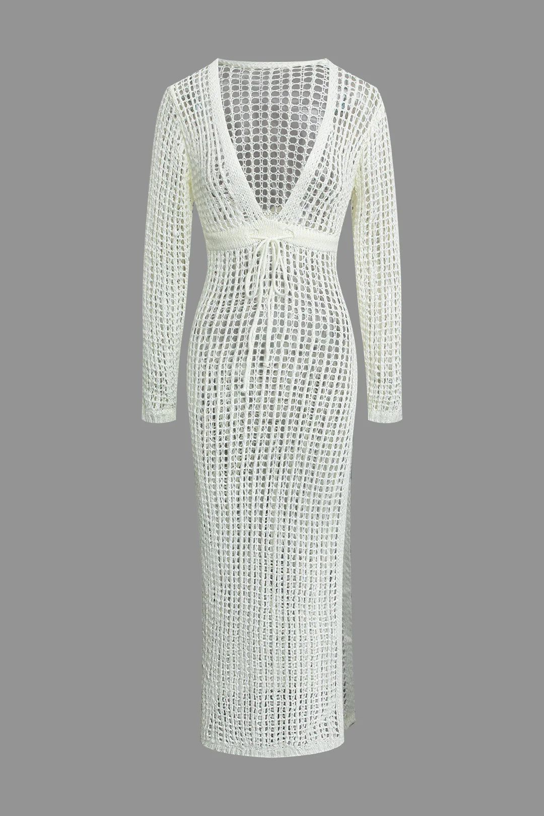 Knit V-Neck Cut Out Tie Up Long Sleeve Dress - Flockneti