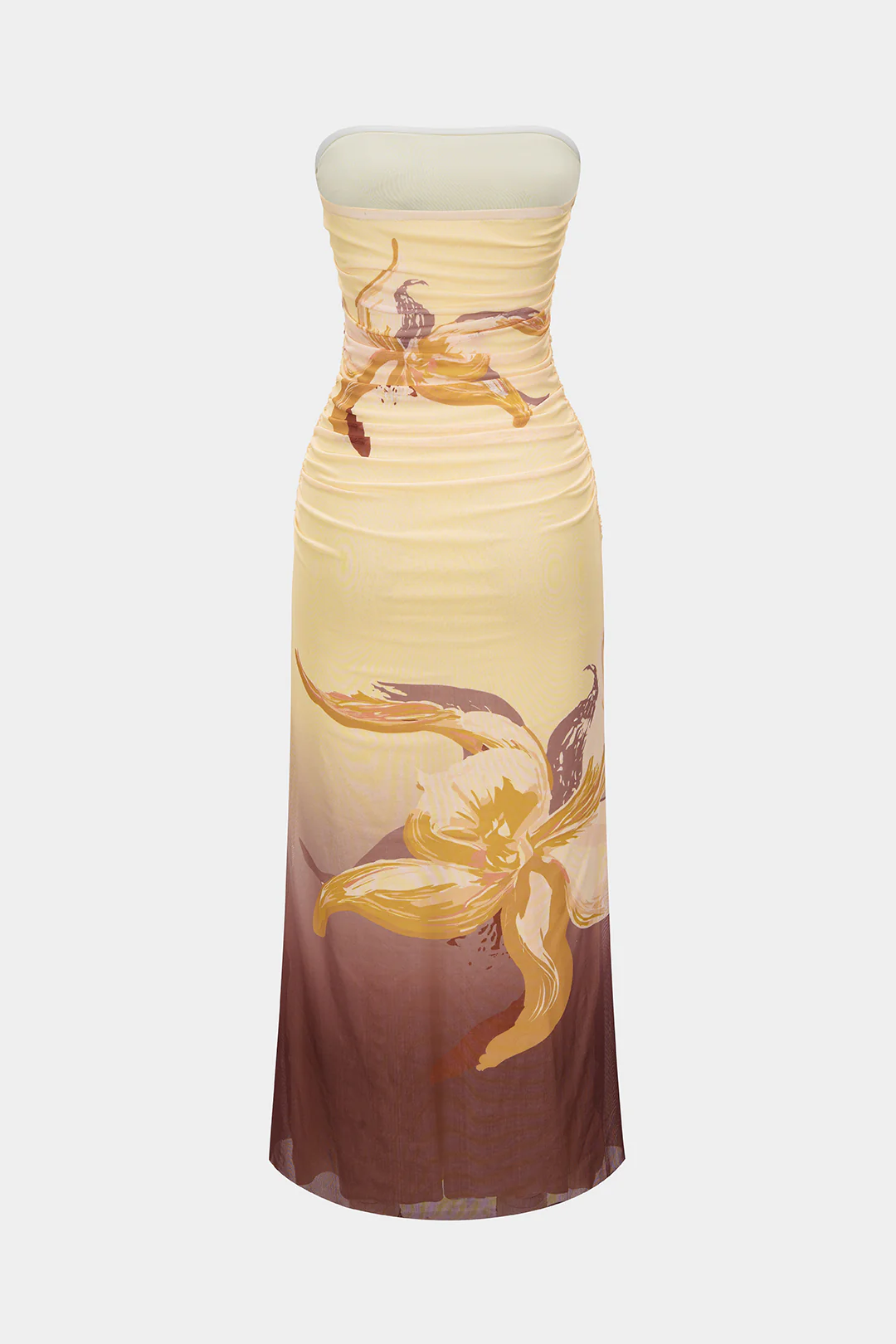 Floral Print Mesh Ruched Strapless Sleeveless Midi Dress - Flockneti
