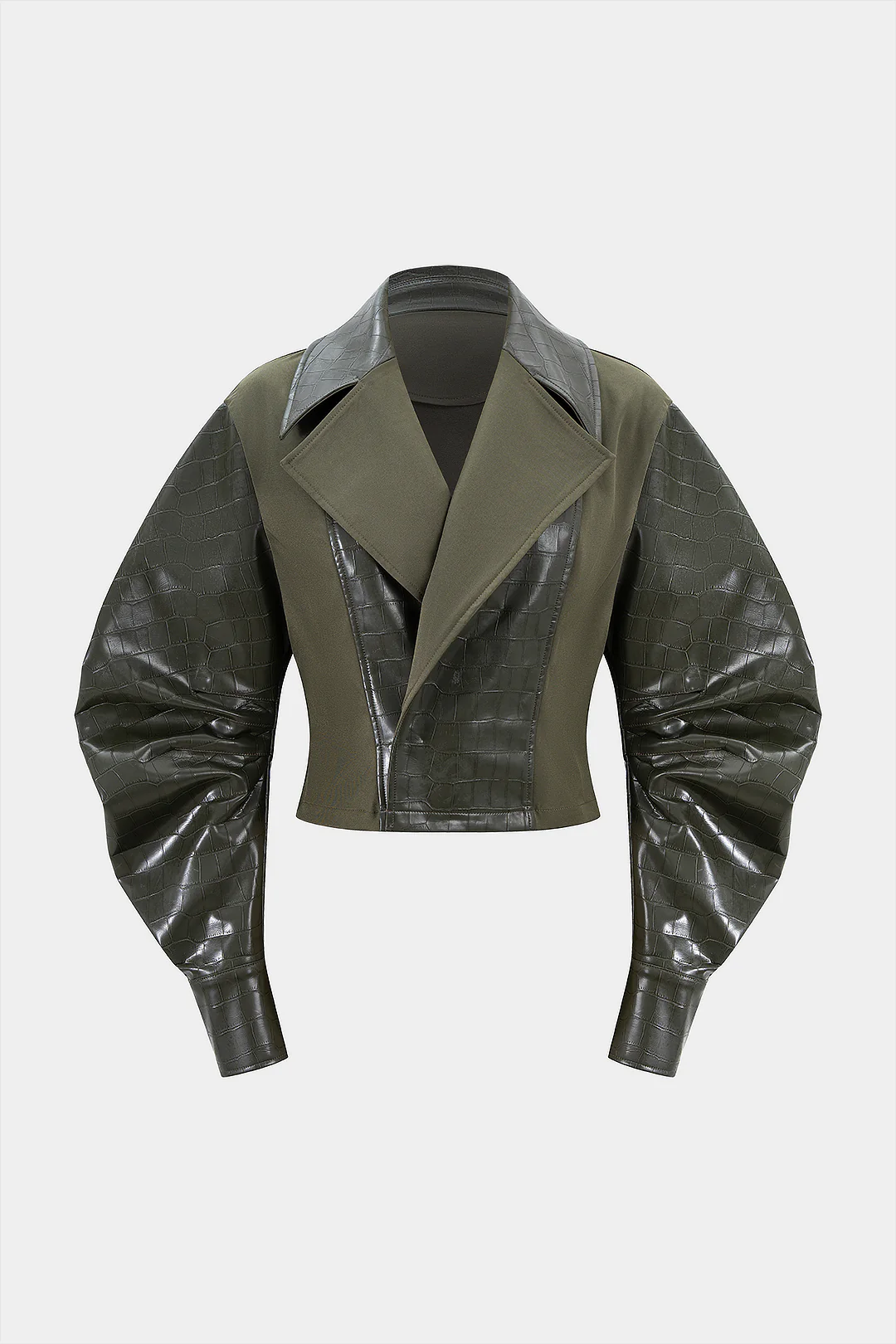 Crocodile Print Faux Leather Patchwork Notched Lapel Ruched Blazer - Flockneti