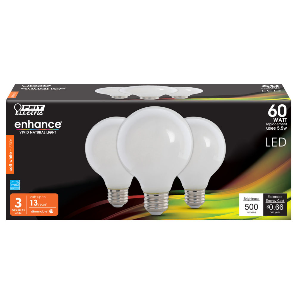 Feit Electric 60W G25 2700K Soft White Filament LED Bulb 3pk - Flockneti