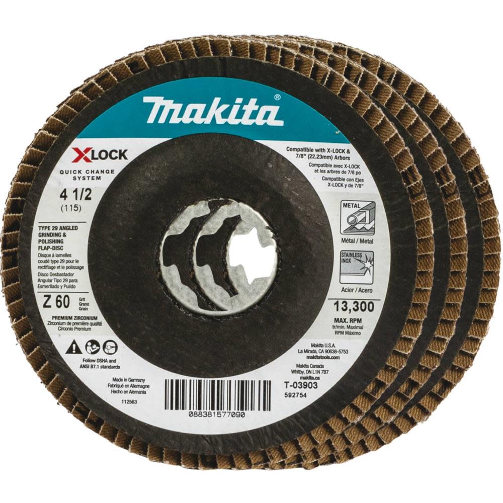 Makita X-LOCK 4 1/2″ Angled Grinding and Polishing Flap Disc X-LOCK and All 7/8″ Arbor Grinders 60 Grit Type 29 3pk - Flockneti