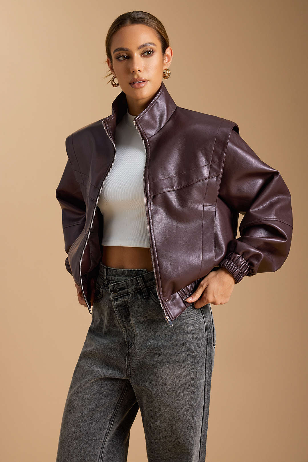 Faux Leather Mock Neck Pocket Zipper Jacket - Flockneti