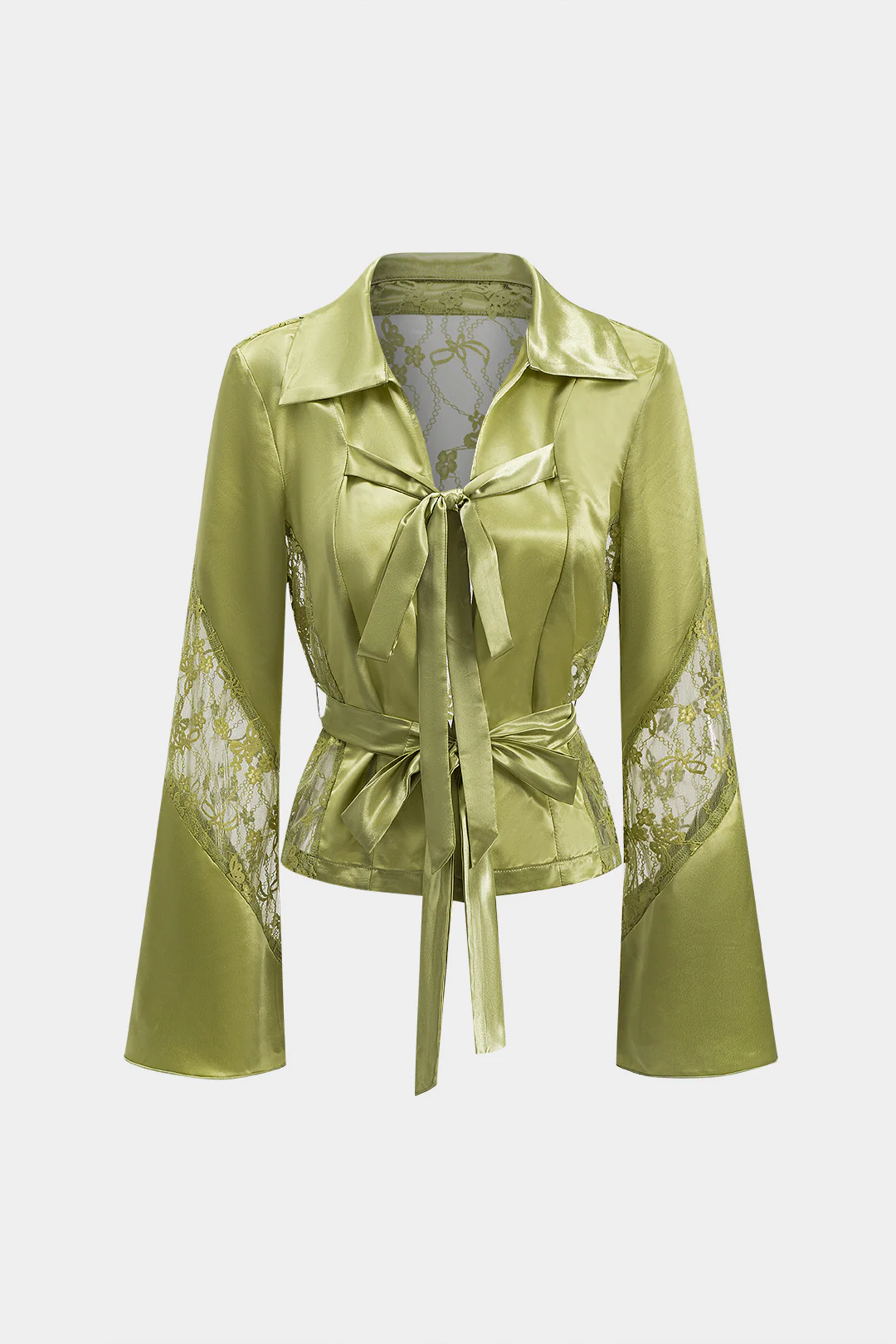 Satin Patchwork Tie Front Bell Sleeve Long-Sleeve Shirt - Flockneti