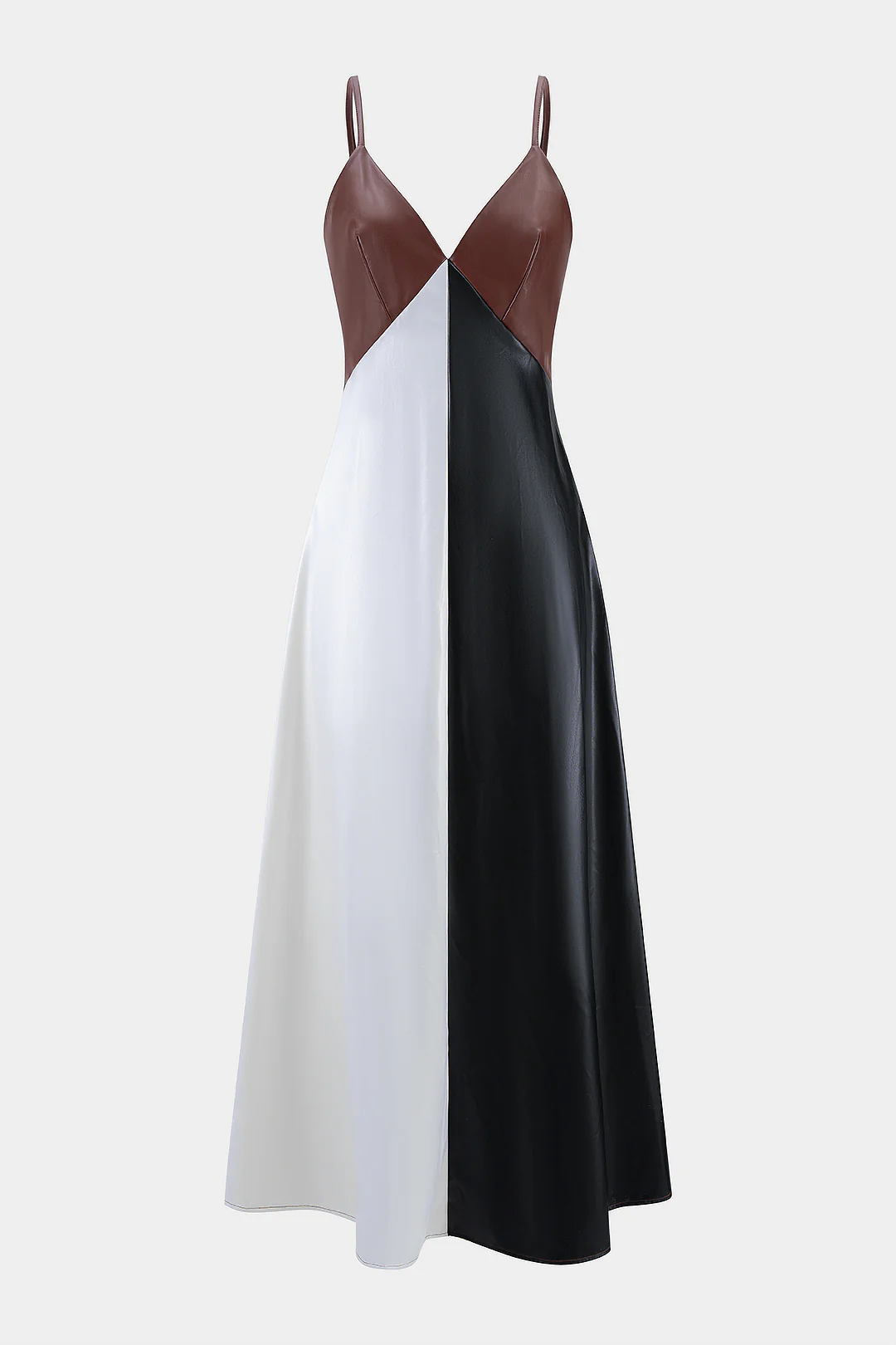 Faux Leather Contrast Slip V-Neck Sleeveless Maxi Dress - Flockneti