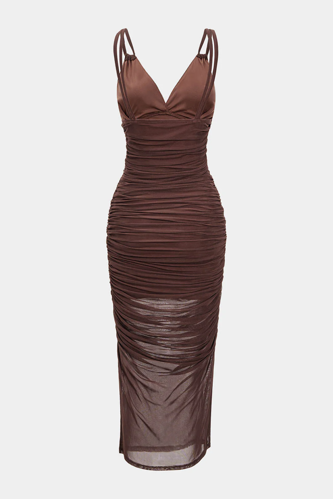 Mesh Ruched Slip V-Neck Sleeveless Maxi Dress - Flockneti